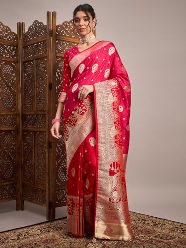 AKHILAM Women's Pink Satin Silk Ethnic Motif Printed Saree With Unstitched Blouse Piece (RNGREET101_HS)