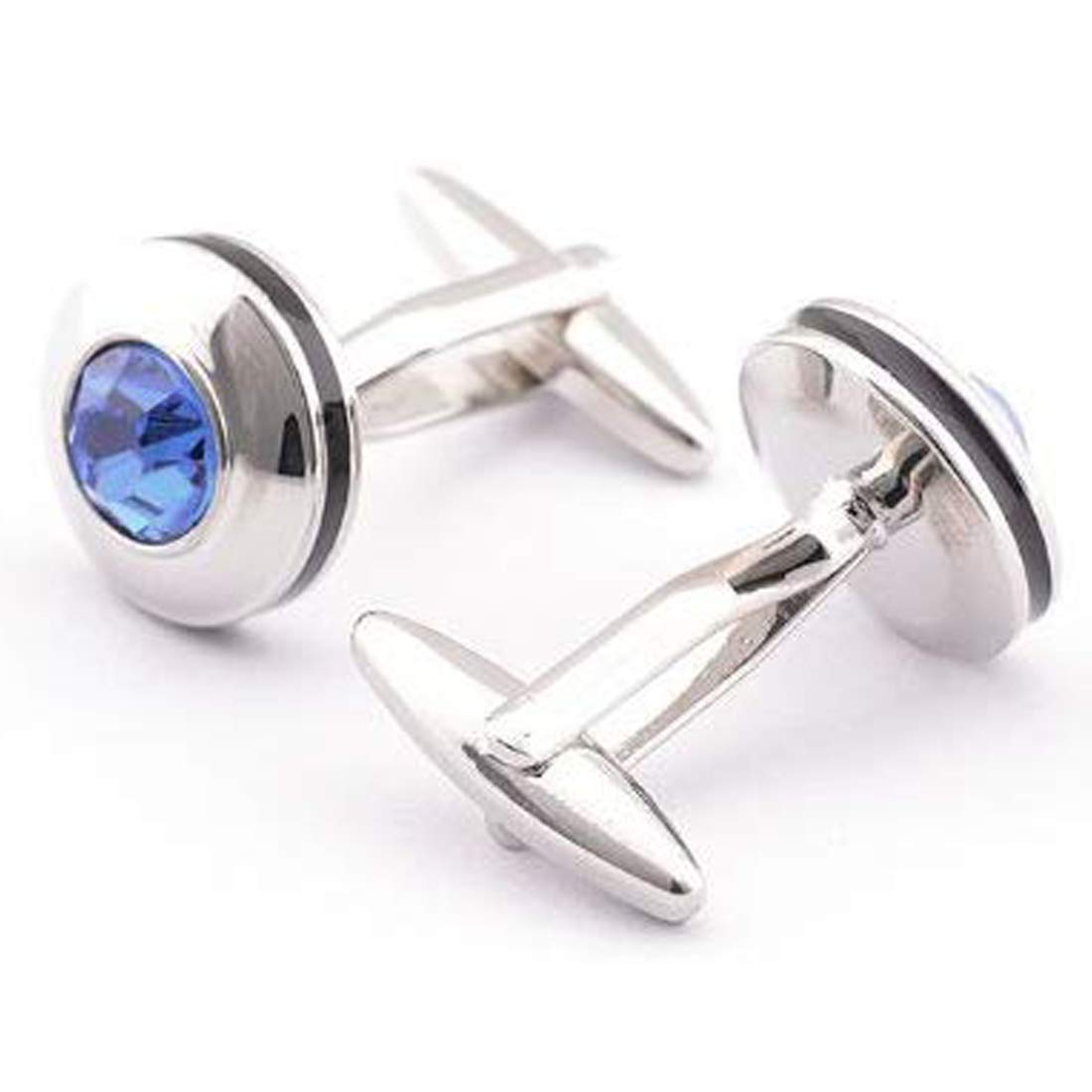 Peora Silver Plated Circular Blue Crystal Cufflinks for Men Boys Wedding Corporate Business Gift
