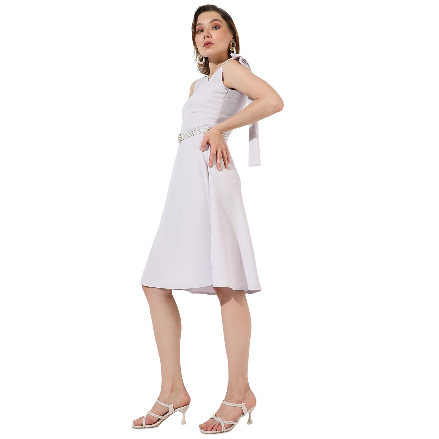 Campus Sutra Women's Solid White Sleeveless Midi Length Regular Fit Dress for Casual Wear | V Neck Dress Crafted with Comfort Fit and High Performance for Everyday Wear