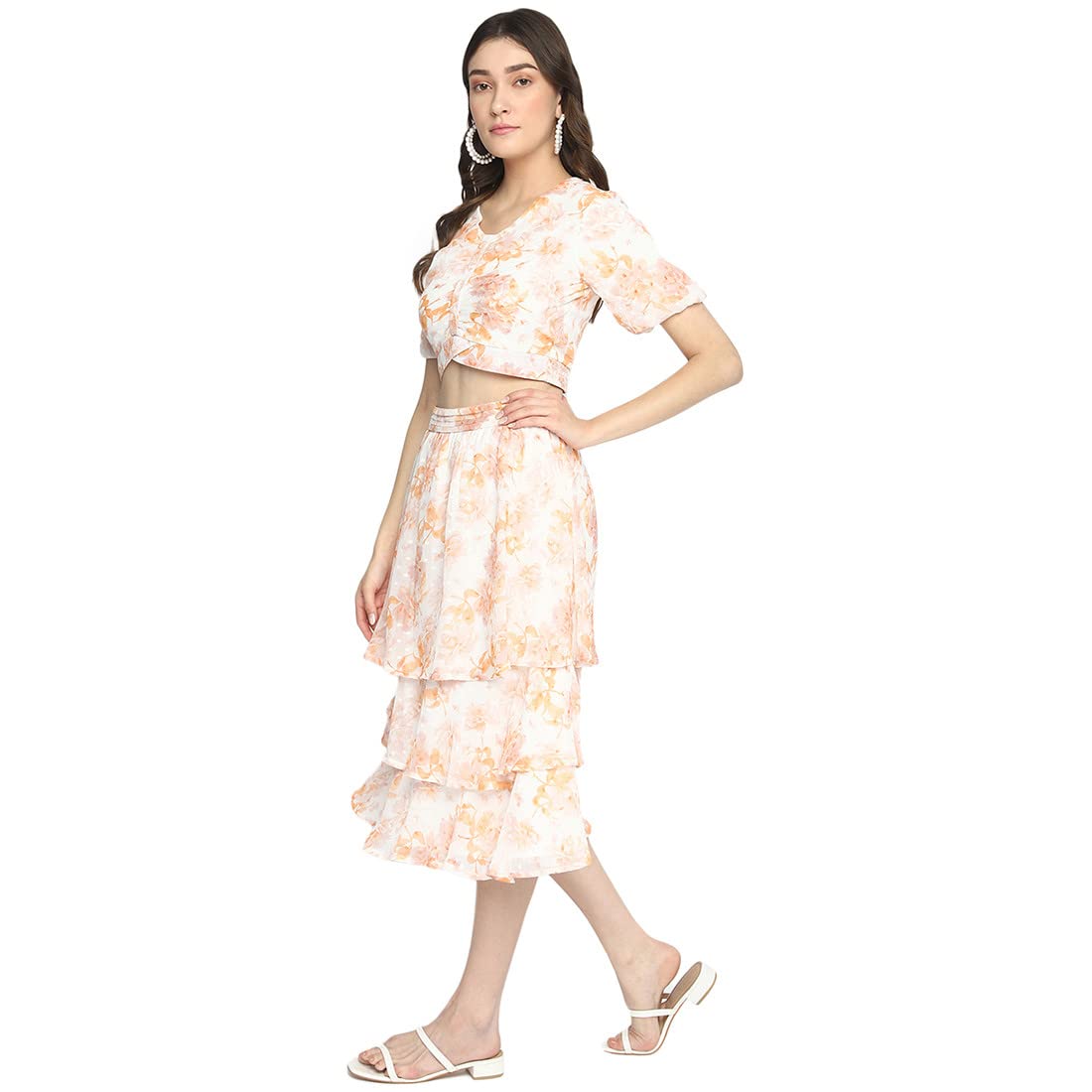 Latin Quarters Women Orange Floral Printed V-Neck with Peasant Sleeves Layered Fit & Flare Dress