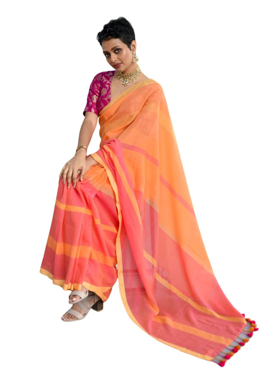 Orange Pink Mul Cotton Striped Saree