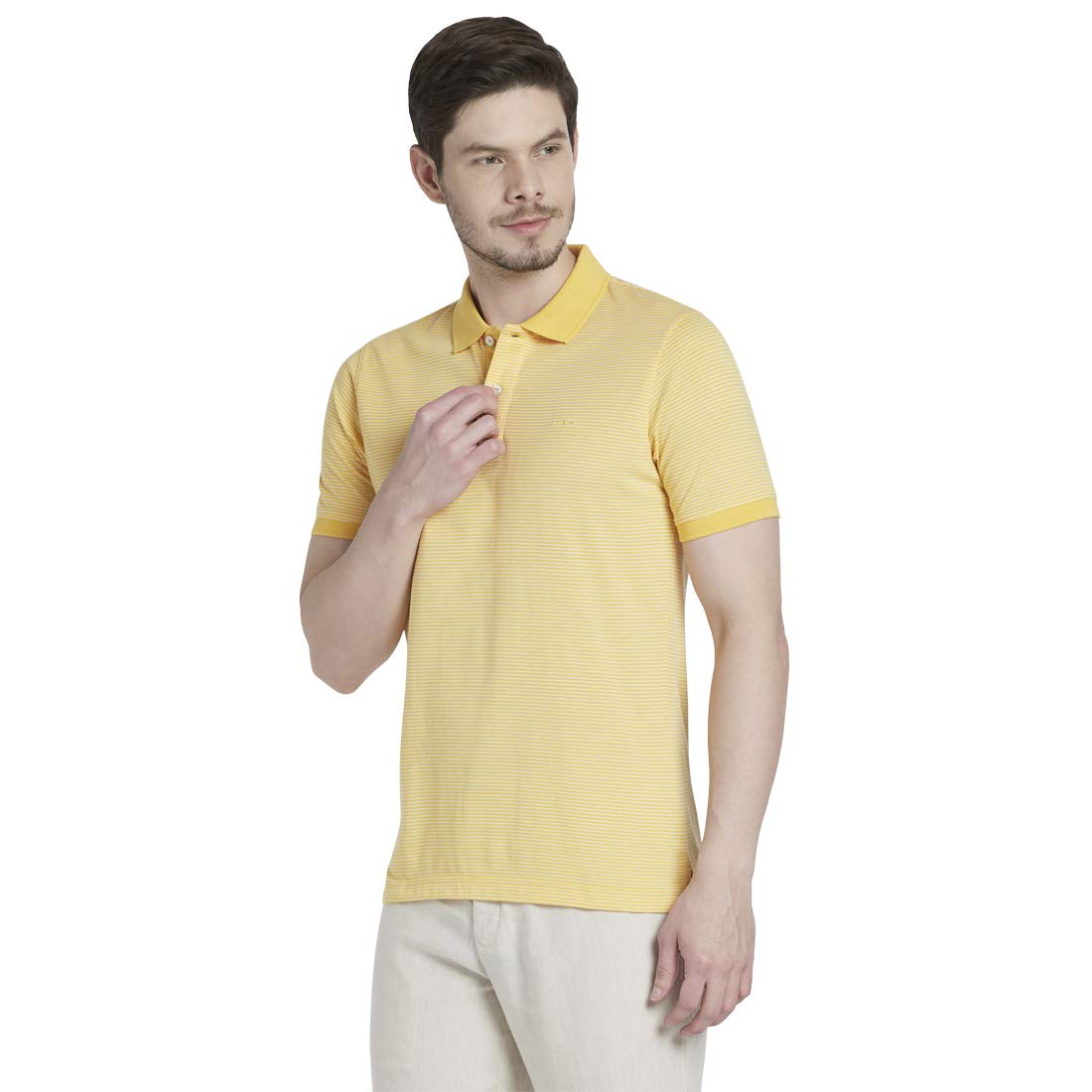 Colorplus Striped Medium Yellow Coloured Men's Cotton T-Shirt (Size:- S)