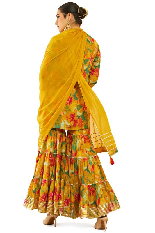 Soch Womens Mustard Yellow & Green Muslin Floral Printed Suit Set With Zardosi Work