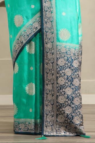 Soch Womens Teal Viscose Botanical Zari Woven Saree With Stone Work