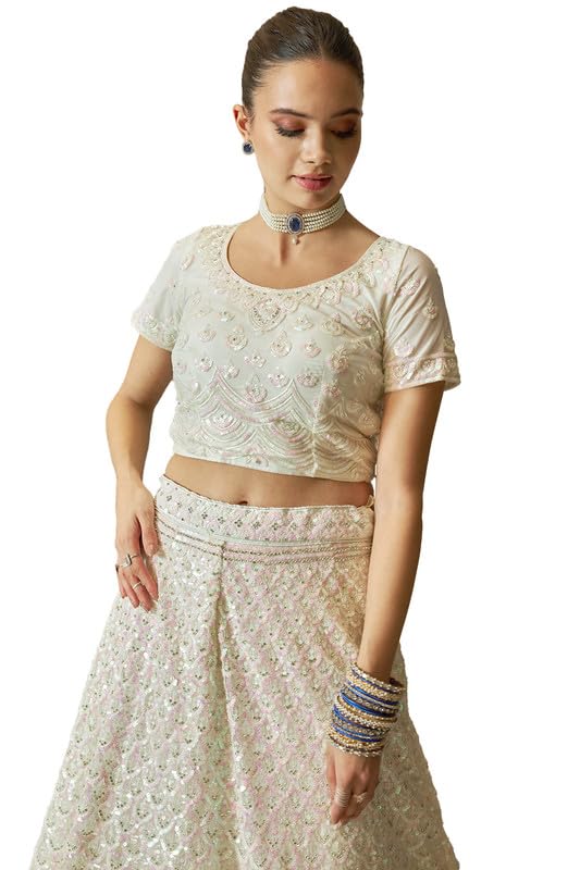 Soch Womens Cream Net All-Over Sequin Embellished Unstitched Lehenga Set with Belt