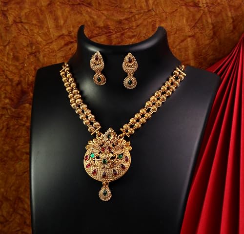 CUTE GOLD Antique Oxidised Plating Necklace With Earring For Women and Girls | Antique Temple Necklace Set for Women & Girls(AN-359)(Modern)