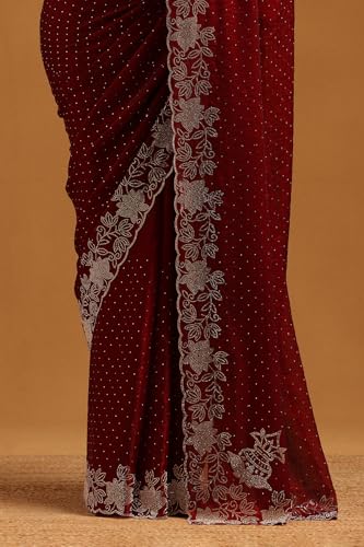 Soch Womens Maroon Fendy Organza Embellished Saree With Stone Work