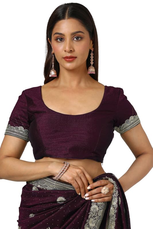 Soch Womens Wine Tussar Embroidered Saree With Stone Work