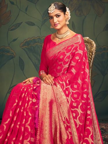 AKHILAM Women's Georgette Ethnic Motif Printed Saree With Unstitched Blouse Piece(Pink_ARYA2302_FL)