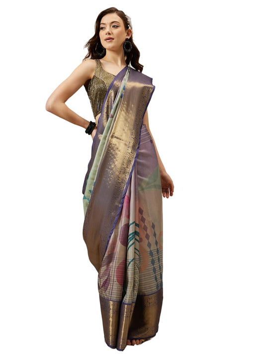 Enthone Womens Banarasi Tusser Soft Silk Digital Print Zari Woven Saree, Multicolour