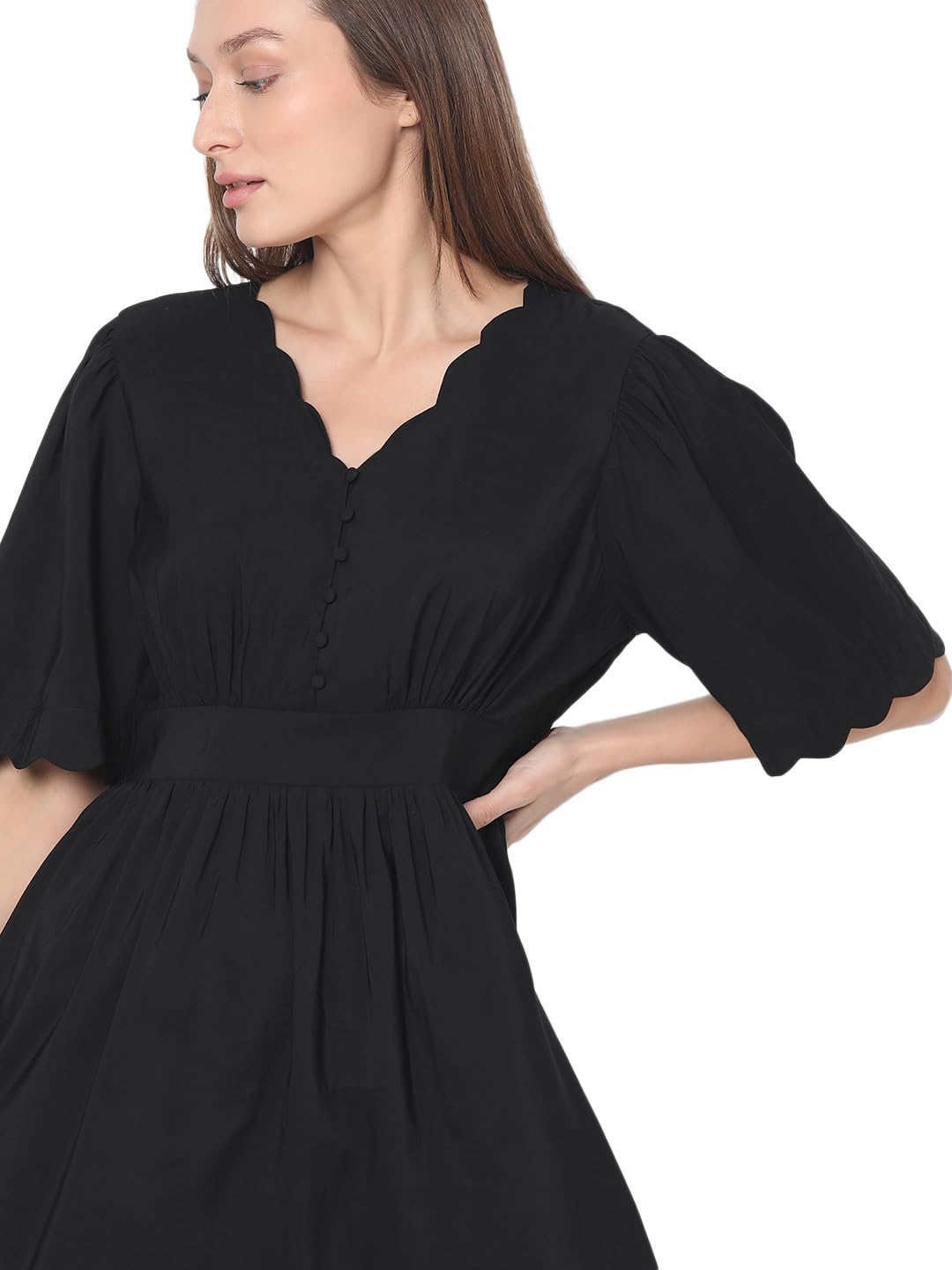 Vero Moda Women's Viscose Fit and Flare Above The Knee Dress (10305676- Black