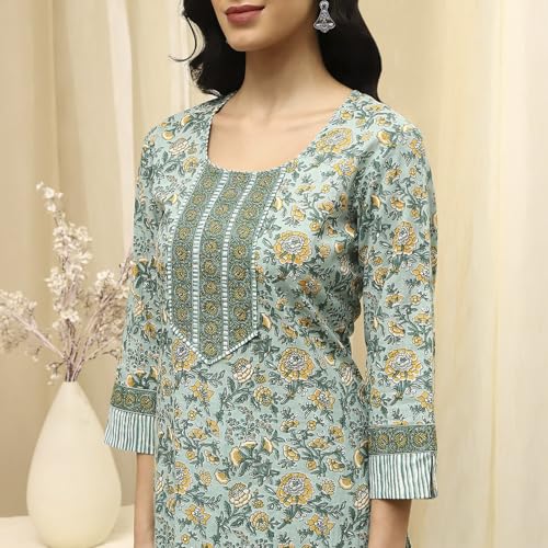 BIBA Women Green Cotton Screen Print Unstitched Suit Set_FREE SIZE