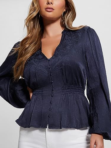 GUESS Women Navy Blue Embroidered V-Neck Full Sleeves Peplum Top