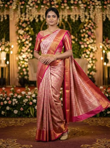 MIMOSA Women’s Rani Pink Art Silk Saree Woven with Zari Tissue | Kanjivaram Style Saree | Rich Pallu & Tassels | 6.2 Mtr