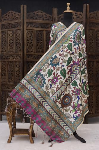 SHANTVAN GALLERY Women’s Malai Silk Dupatta | Floral & Kalamkari Prints Traditional Ethnic Wear | Soft, Lightweight Designer Stole with Tassel Border for Suit, Kurti & Festive Gowns | Alabaster