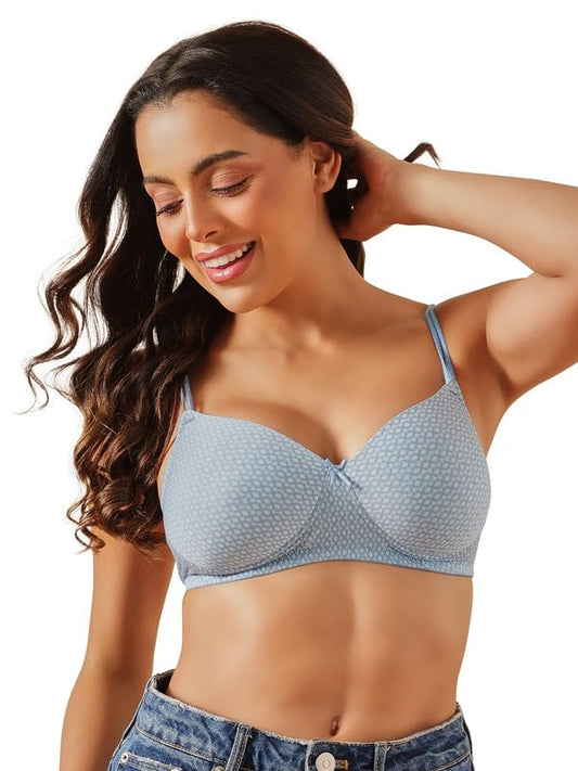 Clovia Women's Printed Non-Wire Padded Full Coverage T-Shirt Bra (BR1067F03_32C_Blue)