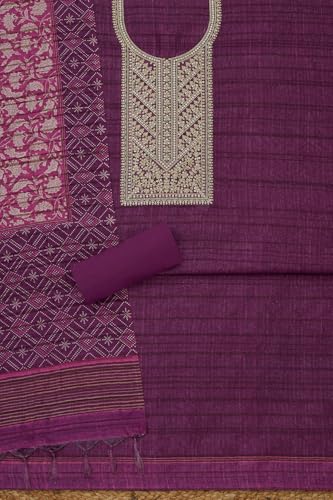 Soch Womens Wine Art Tussar Embroidered Unstitched Dress Material With Zari