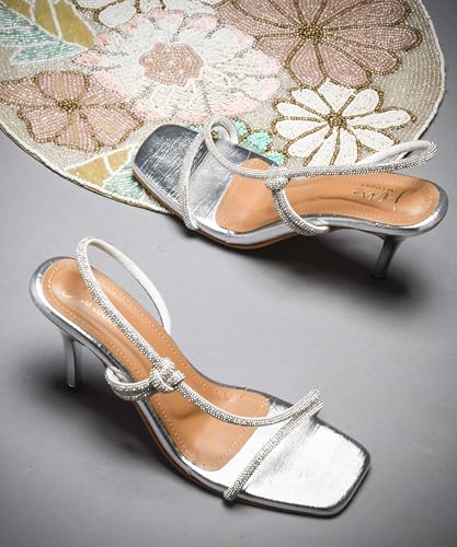 JM LOOKS Women’s Strappy Stiletto-Heeled Sandals with Slim, Embellished Criss-Cross Straps and a Square Toe for Parties, Evening Events, or Special Occasion - Silver