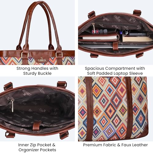 THE CLOWNFISH Miranda Series 15.6 inch Laptop Bag For Women Printed Handicraft Fabric & Faux Leather Office Bag Briefcase Hand Messenger bag Tote Shoulder Bag (Multicolour-Diamond)