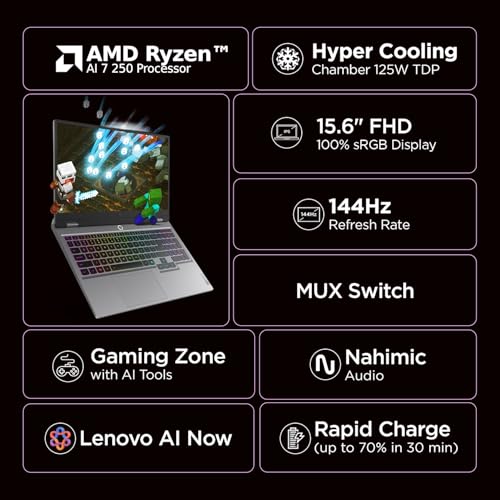 Lenovo LOQ 2025 AMD Ryzen 7 250| NVIDIA RTX 5050 8GB (16GB RAM/1TB SSD/144Hz Refresh Rate/440 AI TOPS/15.6" (39.6cm)/Windows 11/Office 2024/3 Mon. Game Pass/Grey/2.4Kg), 83JG008KIN