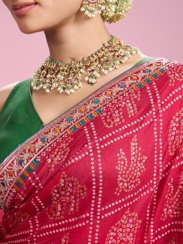 MOHEY Women's Chinon Printed, Stone Work & Thread Work Saree with Blouse Piece (Pink)