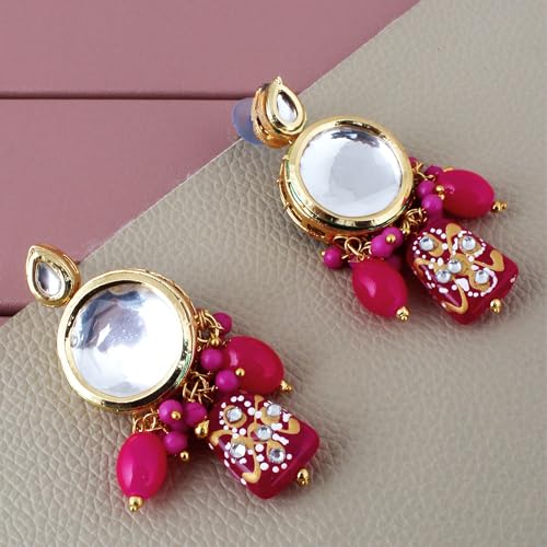 Lucky Jewellery 18K Gold-Plated Back Meenakari Kundan Choker Necklace with Earrings | Elegant Magenta Color Necklace Jewelry Set for Women & Girls (1565-J5SK-1630-R)