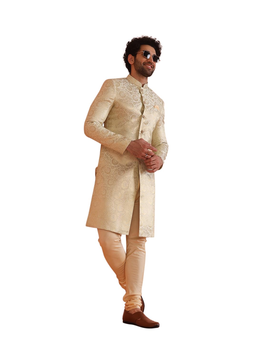 KISAH Men's Indo-Western Sherwani, Green Silk Blend, Woven Design Regular Fit Mandarin Collar Long Sleeves