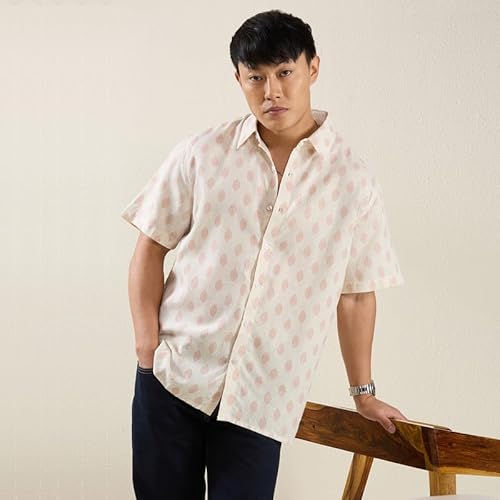 MARK & ALBERT Men's Linen Regular Fit Half Sleeves Casual Printed Stylish Shirt Pink