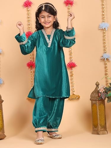 superminis Girls Velvet Lace Work Kurti Duppata and Matching Afgani Ethnic Wear Set (3-4 Years, Green)