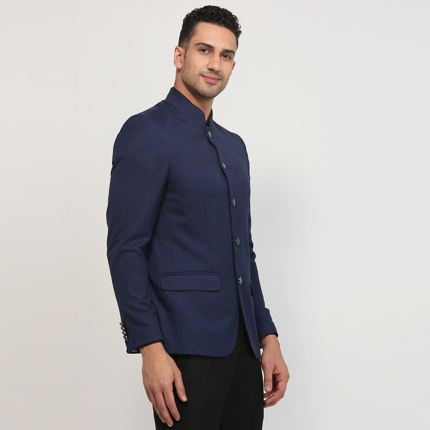 Raymond Men Regular Fit Solid Pattern Poly Rayon Blend Stand Collar Full Sleeve Ceremonial Jacket