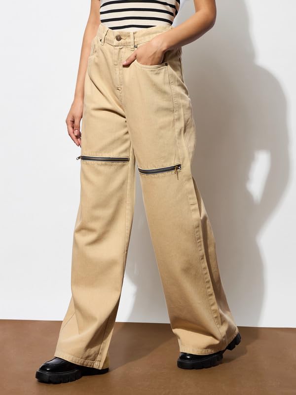 Beige Zipper Design Baggy Jeans
