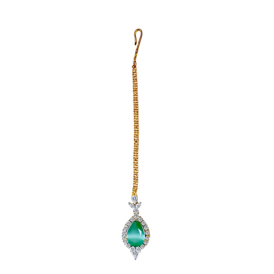 Traditional Indian Maang Tikka, Gold-Plated Chain American Diamond CZ Stones For Girls and Women (Mint Diamond)