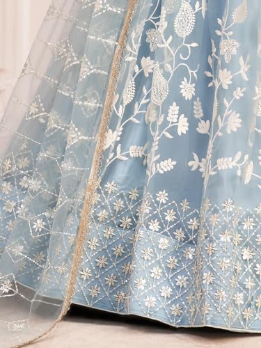 Zeel Clothing Womens Net Lehenga Choli Semi-Stitched Skyblue Wedding Bridal Free Size
