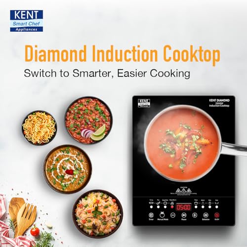 KENT Diamond Induction Cooktop 2000W|8 Preset Menu|Full Microcrystalline Glass|Feather Touch Buttons & Led Display|Milk Boiling & Keep Warm Function|Overheat Protection & Auto Turn-Off, Radiant,Black
