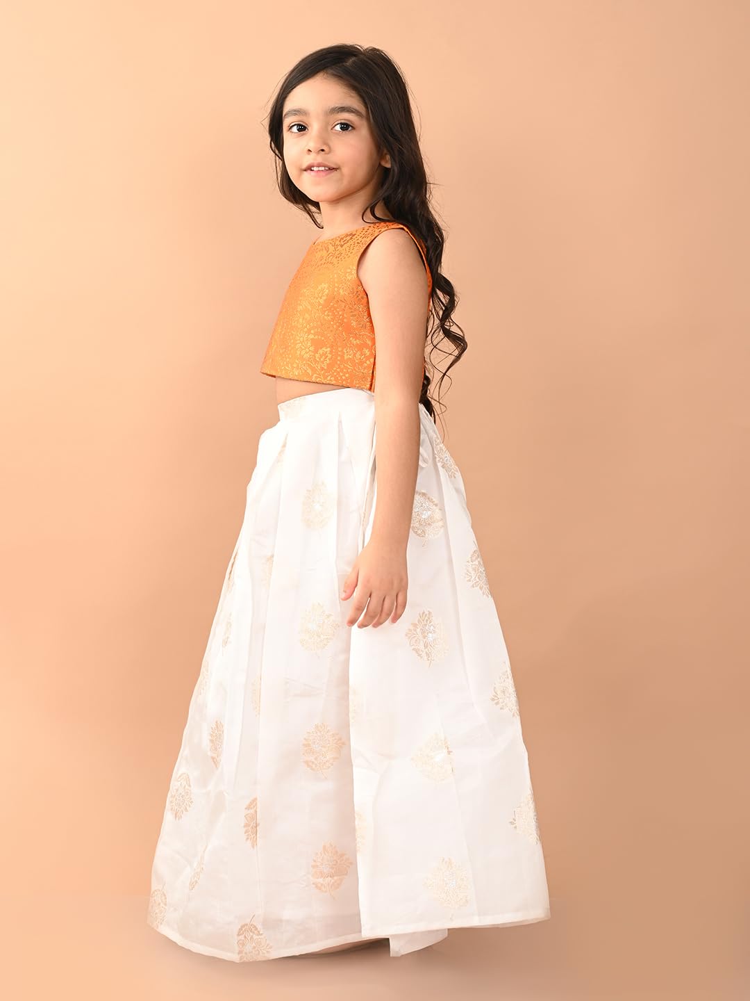 LILPICKS Embossed Sleeveless Blouse with Batik Printed Lehenga Set for Girls (Orange White) (5-6Y)