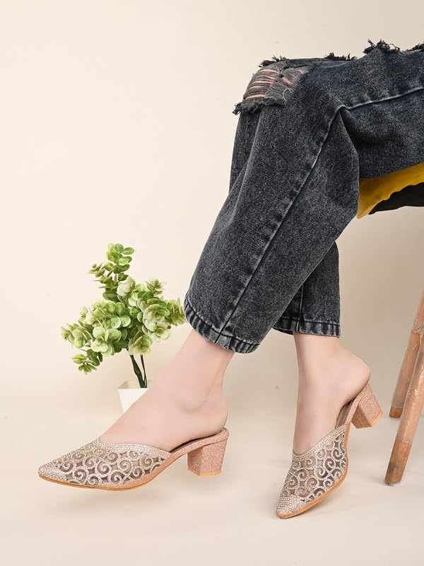XE Looks Women's Gold Embellished Block Heel Mules | Pointed Toe Slip-On with Intricate Rhinestone Design | Stylish, Fancy & Charm Block Heels For Girls & Women