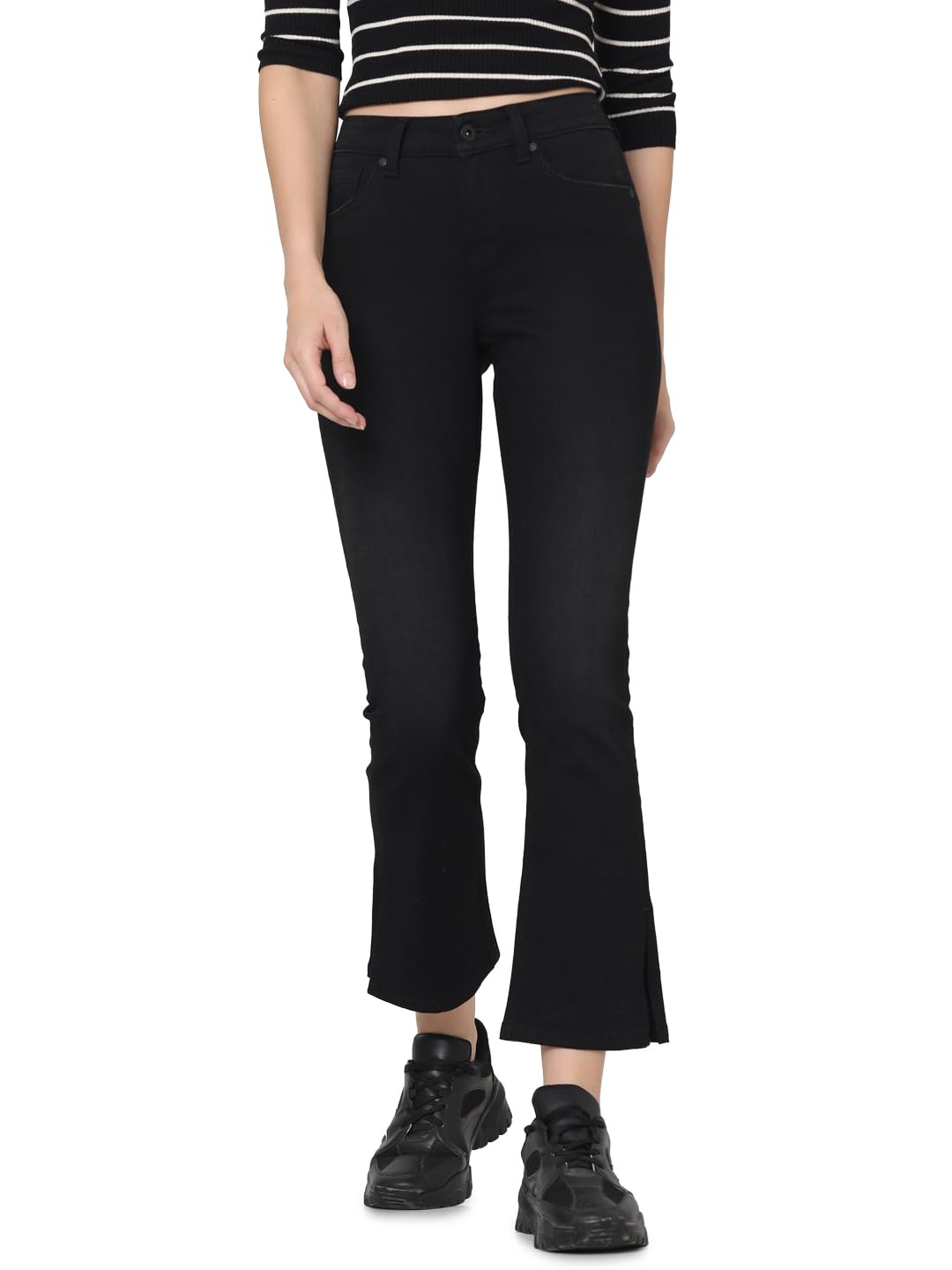 VERO MODA Women Solid Black Cotton Boot Cut Mid Rise Jeans