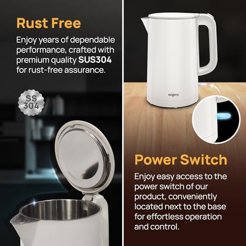 wipro ABS Elato BK210 Cool Touch Double Layer Electric Kettle, 1.5 Litres, Anti-Rust Shield, Super Fast Heating, 3X Protection-Overheating, Dry Boil & Auto Shut-Off,1000 Watts, 2 Years Warranty, White