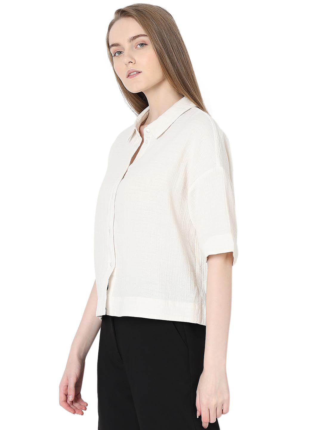 VERO MODA Women Solid Beige Cotton Regular Fit Shirt