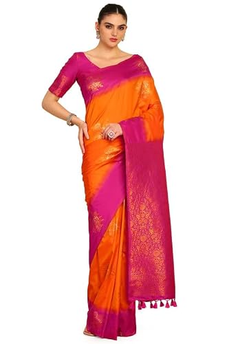 Soch Womens Orange Floral Zari Woven Design Silk Blend Saree With Tassels