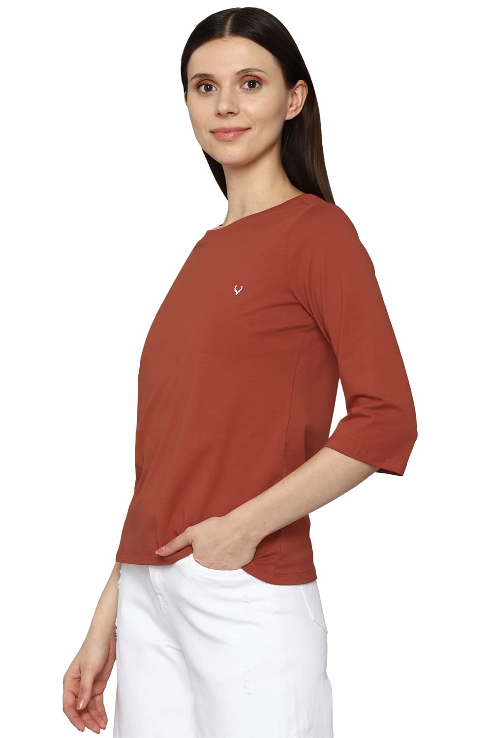 Allen Solly Women's Solid Regular Fit T-Shirt (AHKCCRGF904453_Rust XS)