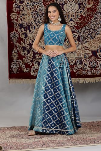 Aurelia Women's Blue Printed Zari Embroidered Crop Top, Brocade Flared Skirt and Dupatta Set