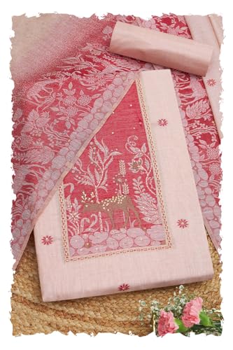 Soch Womens Peach Chanderi Botanical Print Unstitched Dress Material With Sequins
