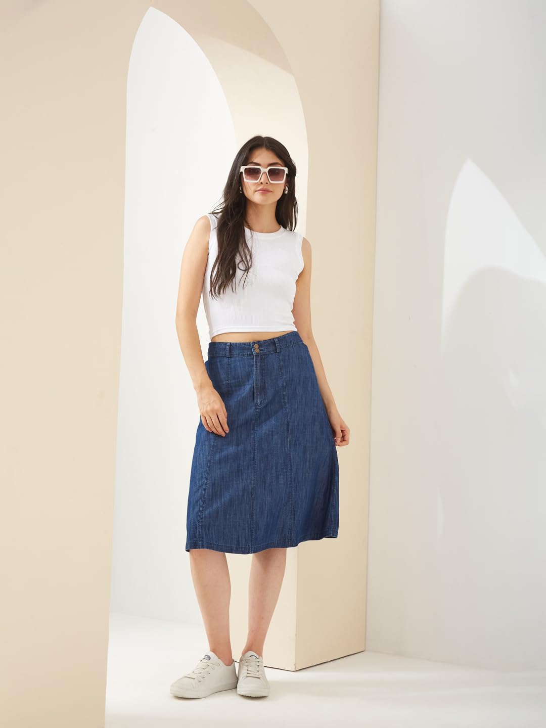 Latin Quarters Women Blue Denim Knee Length A-line Solid Casual Skirt_S