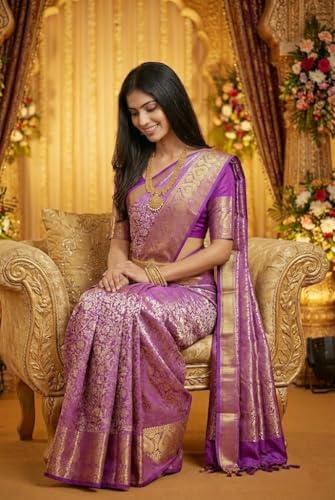 VFCollections Women's Traditional Handloom Kanchipuram Silk Pure Bridal Pattu Sarees | Rich Zari Woven Design | Unstitched Blouse (VFC516-1)