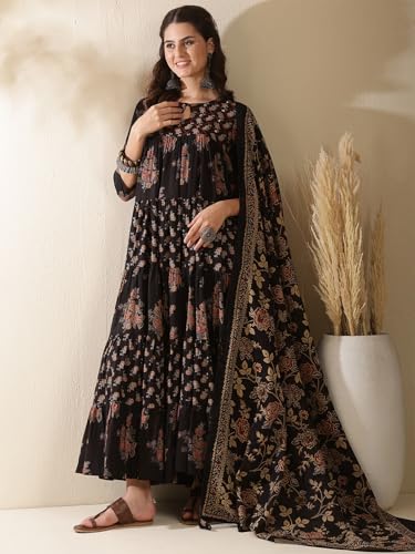 Kimayra Women's Cotton Calf Length Printed Key Hole Neck Tired Kurta Suit Set (KIM9026PC3BLACK_XL, Black)