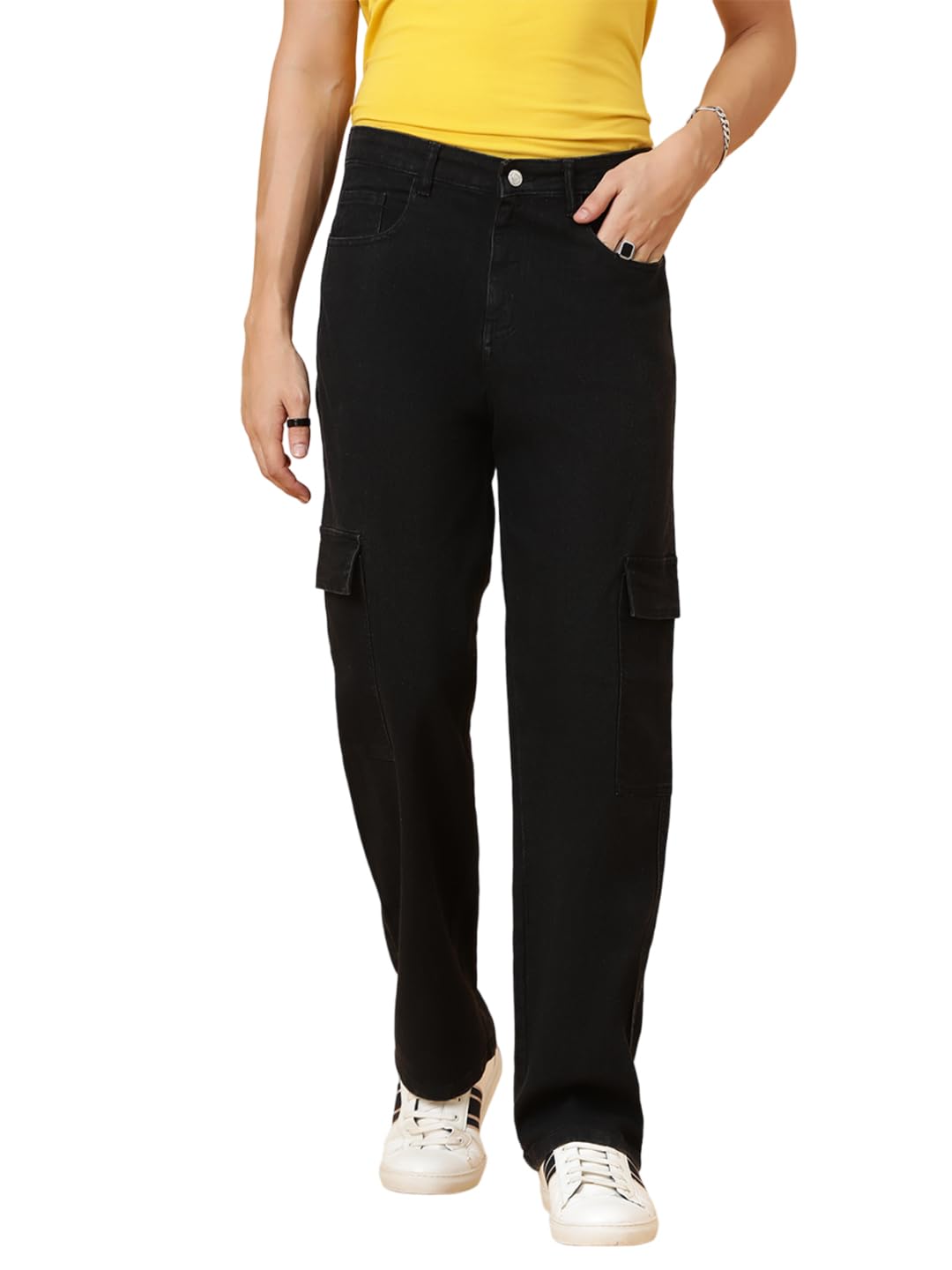 KOTTY Men's Solid Mid Rise Straight Fit Stylish Looking Cargo Jeans(Black,32)