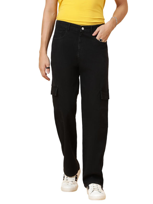KOTTY Men's Solid Mid Rise Straight Fit Stylish Looking Cargo Jeans(Black,32)