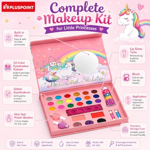 PLUSPOINT Unicorn Kids Makeup Kit for Girls | Pretend Play Beauty Set | Non-Toxic Washable Makeup Toy | Eyeshadow, Blush, Lip Gloss & Accessories | Birthday Gift for Girls Age 5+ Years