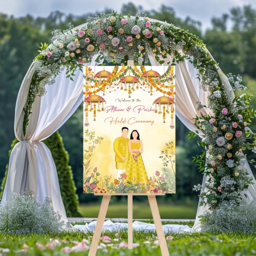 Party Perfect Designs Haldi Ceremony Welcome Board, Personalised Name & Date, Wedding Ubtan Decor, Multiple Design Variations 3mm and 5mm Thickness (Golden Amber)